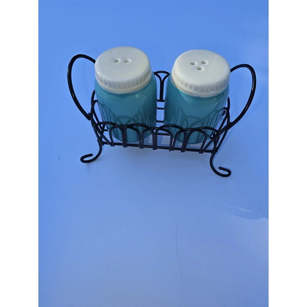 Vintage Mini Jar Style Salt & Pepper Shakers with Black Stand